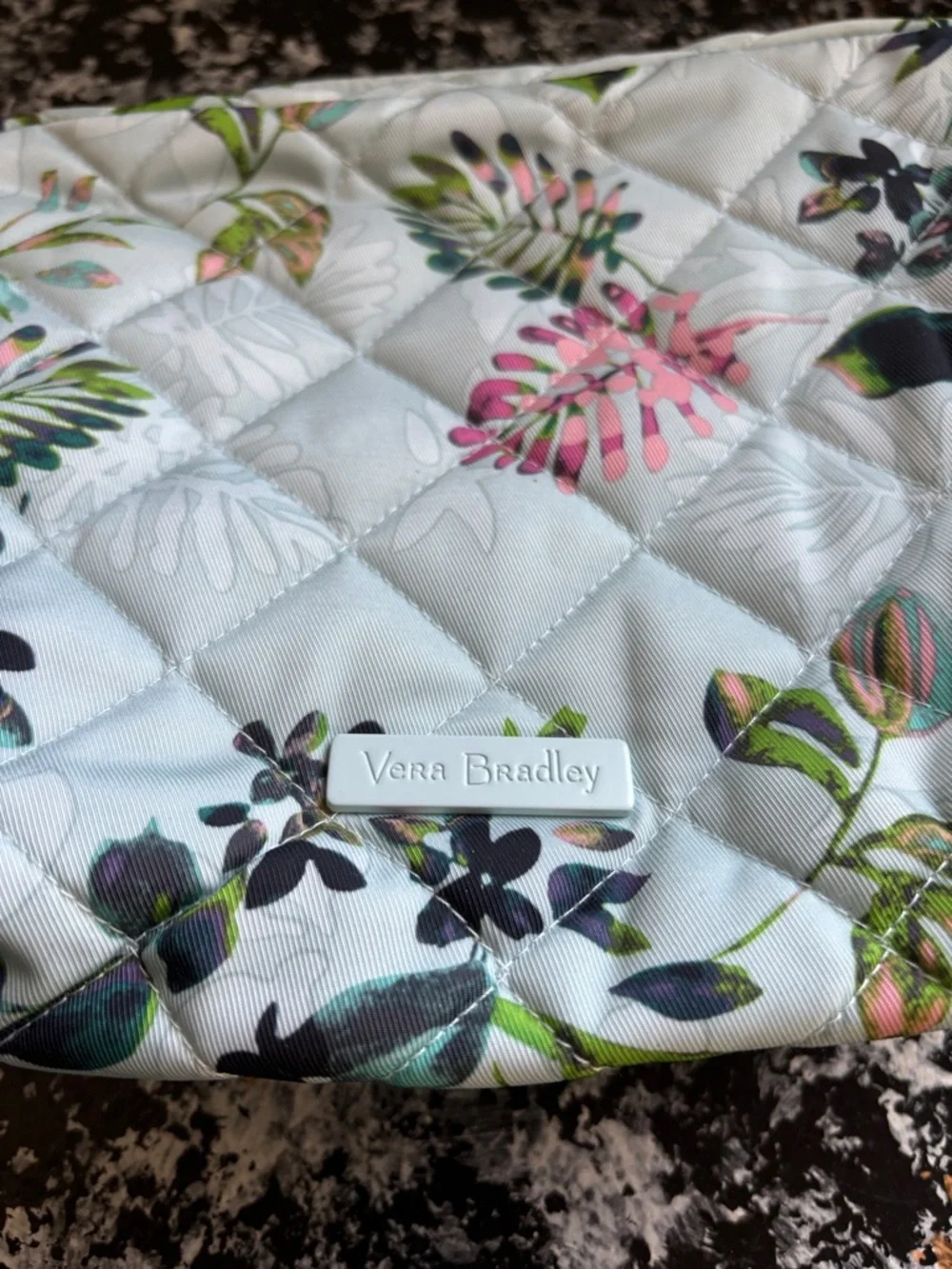 Vera Bradley Quilted Floral Cosmetic Bag in Light Blue with Green Accents